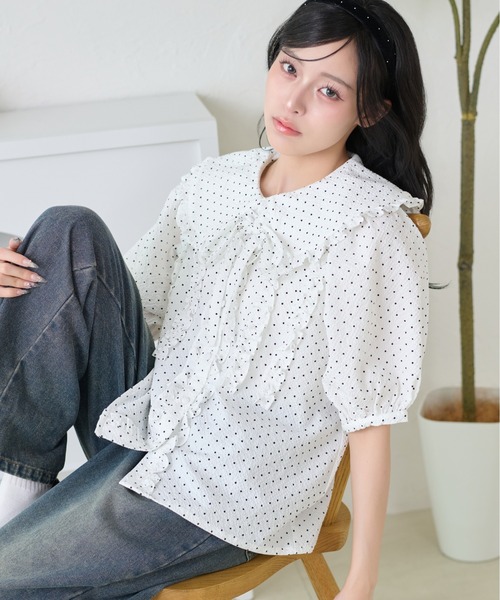 kutir(クティール)の「【セットアップ着用可能】丸襟リボンフリルブラウス(シャツ/ブラウス・レディース・サックスブルー/ブラック/ホワイト/オフホワイト/ベージュ/ネイビー・FREE)」の2枚目の写真