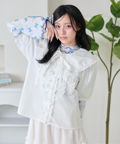 kutir(クティール)の「【セットアップ着用可能】丸襟リボンフリルブラウス(シャツ/ブラウス・レディース・サックスブルー/ブラック/ホワイト/オフホワイト/ベージュ/ネイビー・FREE)」の12枚目の写真