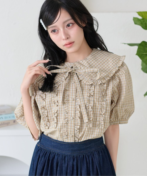 kutir(クティール)の「【セットアップ着用可能】丸襟リボンフリルブラウス(シャツ/ブラウス・レディース・サックスブルー/ブラック/ホワイト/オフホワイト/ベージュ/ネイビー・FREE)」の20枚目の写真