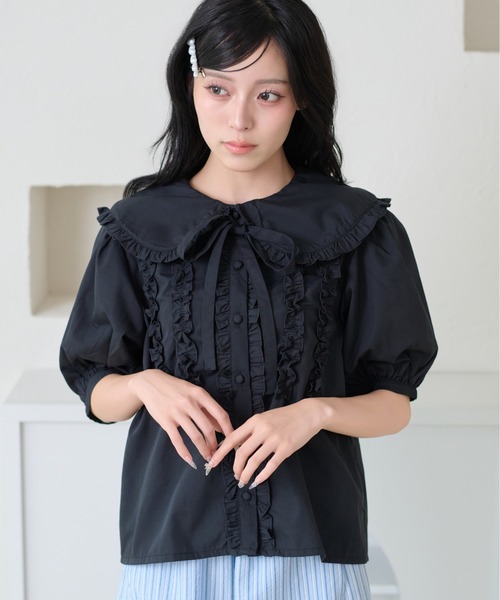 kutir(クティール)の「【セットアップ着用可能】丸襟リボンフリルブラウス(シャツ/ブラウス・レディース・サックスブルー/ブラック/ホワイト/オフホワイト/ベージュ/ネイビー・FREE)」の15枚目の写真