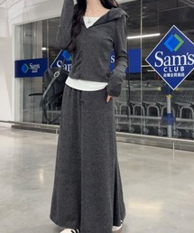 フード付き ジップアップ フェイクレイヤード トップス × スカート セットアップ