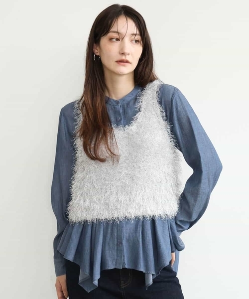 MK MICHEL KLEIN（エムケーミッシェルクラン）の「[洗える/前後2way]ラメフェザーヤーンニットジレ（ベスト・レディース・ネイビー/ライトグレー・38）」の3枚目の写真