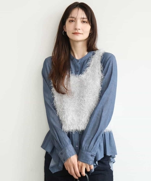 MK MICHEL KLEIN（エムケーミッシェルクラン）の「[洗える/前後2way]ラメフェザーヤーンニットジレ（ベスト・レディース・ネイビー/ライトグレー・38）」の4枚目の写真