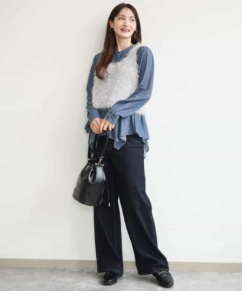 MK MICHEL KLEIN（エムケーミッシェルクラン）の「[洗える/前後2way]ラメフェザーヤーンニットジレ（ベスト・レディース・ネイビー/ライトグレー・38）」の6枚目の写真