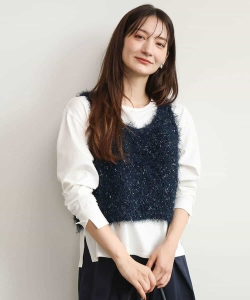 MK MICHEL KLEIN（エムケーミッシェルクラン）の「[洗える/前後2way]ラメフェザーヤーンニットジレ（ベスト・レディース・ネイビー/ライトグレー・38）」の17枚目の写真