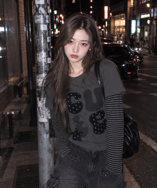 KKEEE(ケーケーイーイー)の「ジャストキュートレイヤード長袖Tシャツ(2カラー)(Tシャツ/カットソー・レディース・チャコール/ライトグレー・FREE)」の3枚目の写真