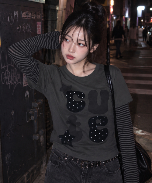 KKEEE(ケーケーイーイー)の「ジャストキュートレイヤード長袖Tシャツ(2カラー)(Tシャツ/カットソー・レディース・チャコール/ライトグレー・FREE)」の4枚目の写真