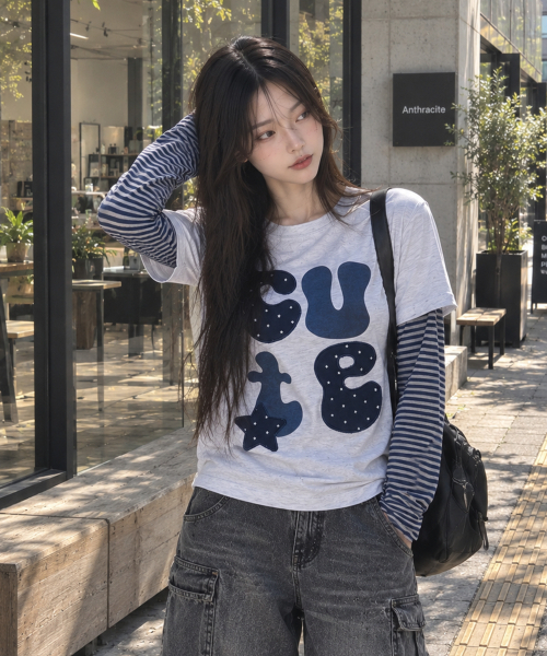 KKEEE(ケーケーイーイー)の「ジャストキュートレイヤード長袖Tシャツ(2カラー)(Tシャツ/カットソー・レディース・チャコール/ライトグレー・FREE)」の5枚目の写真