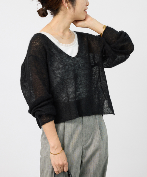 enrica(エンリカ)の「ENRICA エンリカ Airy Sheer Alpaka Vプルオーバー KNIT280(ニット/セーター・レディース・ブラック/パープル/アイボリー・FREE)」の1枚目の写真