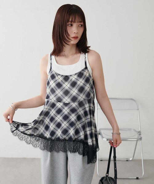 DISCOAT(ディスコート)の「【WEB限定】チェックレースイレヘムキャミチュニック(キャミソール・レディース・ブラウン/ブラック・FREE)」の10枚目の写真