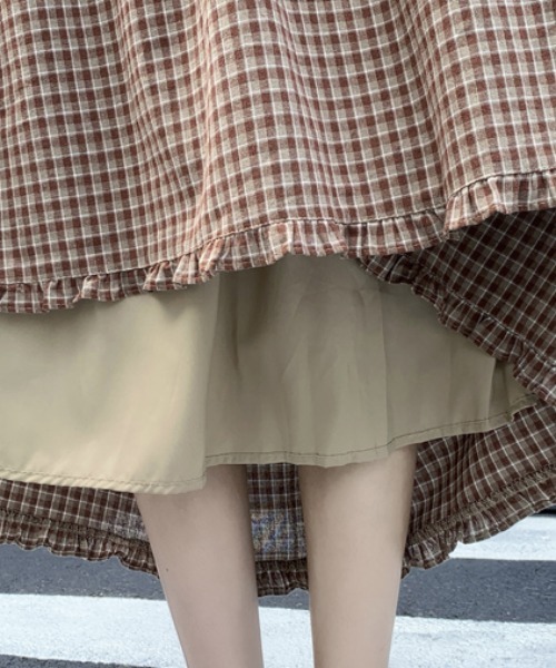 Aelina(エリナ)の「フリルチェック柄スカート(スカート・レディース・ブルー/ブラウン・FREE)」の5枚目の写真