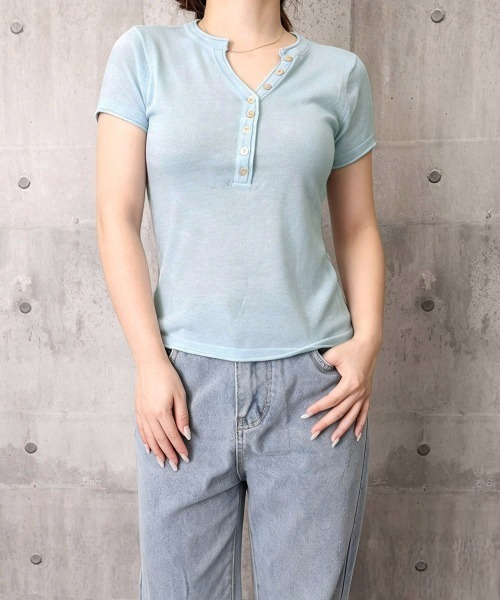 Miniministore(ミニミニストア)の「ニットトップス 半袖Vネックサマーニット(Tシャツ/カットソー・レディース・ライトブルー/グレー/ピンク/ブラック/ホワイト・FREE)」の20枚目の写真