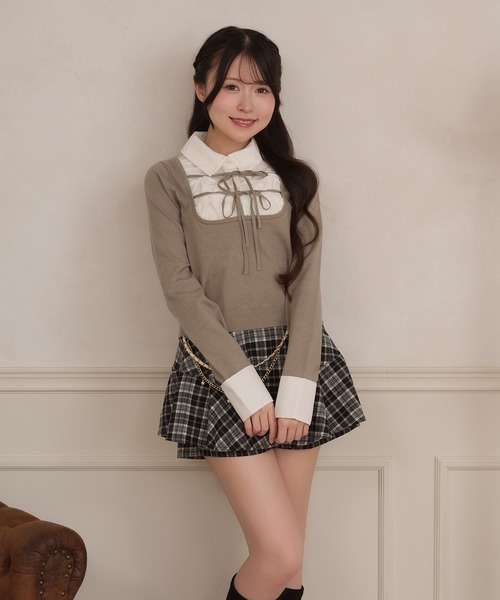apres jour（アプレジュール）の「ダブルリボンシャツドッキングニット（ニット/セーター・レディース・グレー系その他/グレイッシュベージュ/ブラック・X-LARGE/FREE）」の16枚目の写真