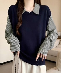 ストライプ柄シャツ襟ドッキングニット