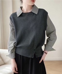 ストライプ柄シャツ襟ドッキングニット