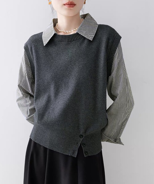 Doux Belle（ドゥーベル）の「ストライプ柄シャツ襟ドッキングニット（ニット/セーター・レディース・ホワイト/グレー/ネイビー・FREE）」の7枚目の写真
