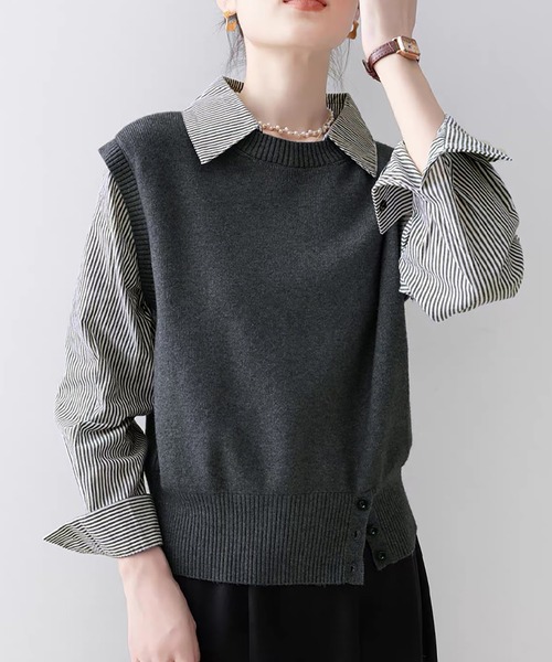 Doux Belle（ドゥーベル）の「ストライプ柄シャツ襟ドッキングニット（ニット/セーター・レディース・ホワイト/グレー/ネイビー・FREE）」の8枚目の写真