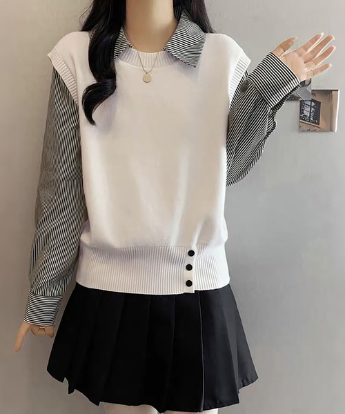 Doux Belle（ドゥーベル）の「ストライプ柄シャツ襟ドッキングニット（ニット/セーター・レディース・ホワイト/グレー/ネイビー・FREE）」の13枚目の写真