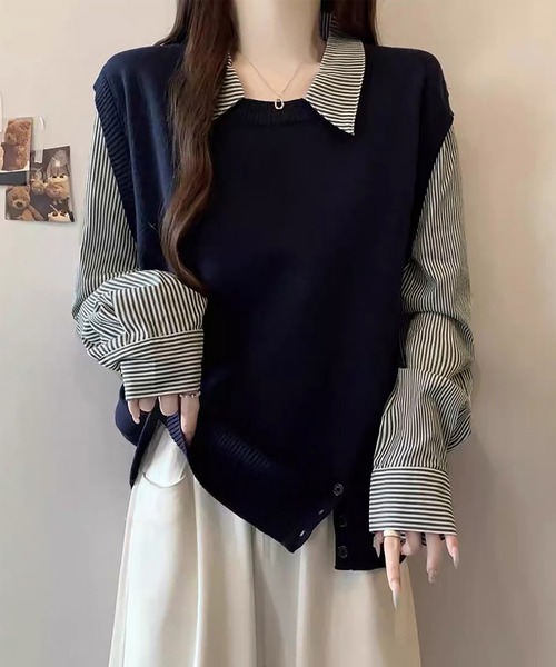 Doux Belle（ドゥーベル）の「ストライプ柄シャツ襟ドッキングニット（ニット/セーター・レディース・ホワイト/グレー/ネイビー・FREE）」の15枚目の写真