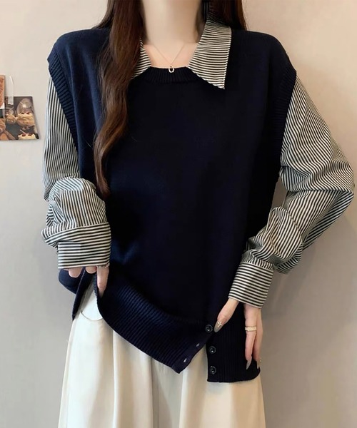 Doux Belle（ドゥーベル）の「ストライプ柄シャツ襟ドッキングニット（ニット/セーター・レディース・ホワイト/グレー/ネイビー・FREE）」の16枚目の写真