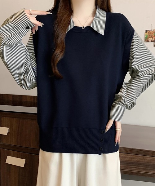 Doux Belle（ドゥーベル）の「ストライプ柄シャツ襟ドッキングニット（ニット/セーター・レディース・ホワイト/グレー/ネイビー・FREE）」の17枚目の写真