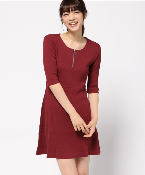WEGO（ウィゴー）の「WEGO/ハーフZIPリブ5分袖ワンピース（ワンピース・レディース・カーキ/ワイン/ブラック・FREE）」の3枚目の写真