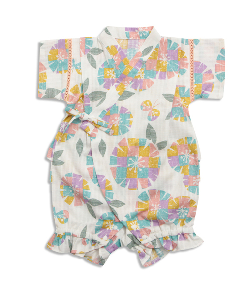 apres les cours（アプレレクール）の「女の子タイル花柄甚平ロンパス（浴衣・キッズ・ネイビー/オフホワイト・70/80）」の2枚目の写真