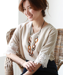 REAL CUBE | REAL CUBE とろみVネックレーススリーブトップス(Tシャツ/カットソー)