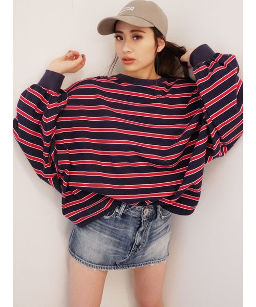 GYDA（ジェイダ）の「ドルマンボーダーロンT（Tシャツ/カットソー・レディース・ブラック/ネイビー/イエロー/ブルー・FREE）」の2枚目の写真