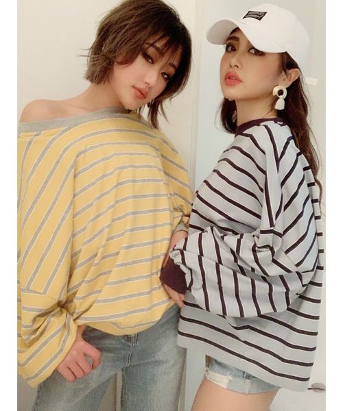 GYDA（ジェイダ）の「ドルマンボーダーロンT（Tシャツ/カットソー・レディース・ブラック/ネイビー/イエロー/ブルー・FREE）」の4枚目の写真