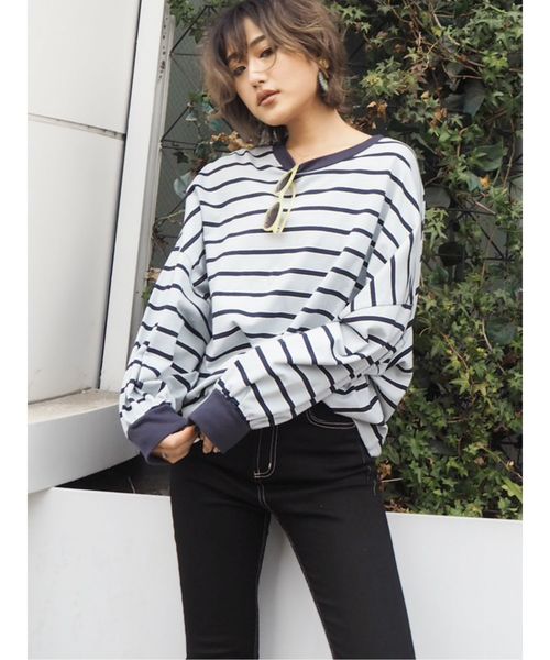 GYDA（ジェイダ）の「ドルマンボーダーロンT（Tシャツ/カットソー・レディース・ブラック/ネイビー/イエロー/ブルー・FREE）」の3枚目の写真