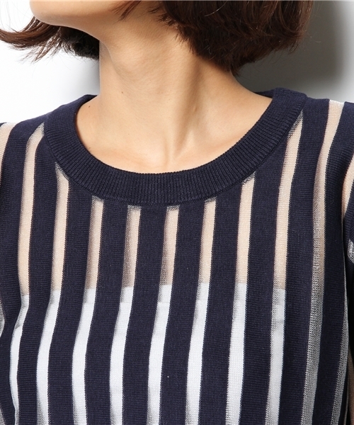 ELFORBR（エルフォーブル）の「シースルーストライプクルーネック プルオーバー（ニット/セーター・レディース・グレー/ネイビー・MEDIUM）」の6枚目の写真
