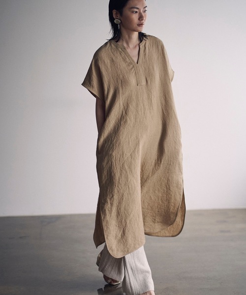 アギュー　argue linen 新品　リネン カフタン　ワンピース　チェック アギュー argue linen 新品 リネン カフタン ワンピース