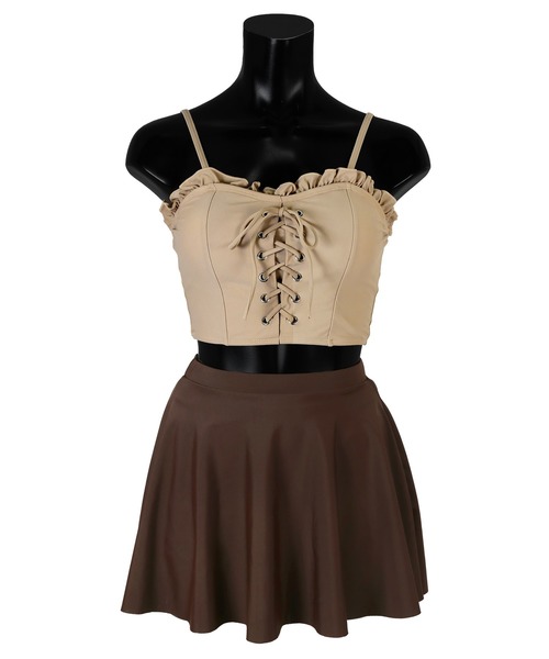 Tika（ティカ）の「水着 スカート 体型カバー ビキニ ハイウエスト レースアップ ビスチェ ショートパンツ タンキニ 3点セット レディース 韓国風 可愛い（水着・レディース・ボルドー/ベージュ・L/XL/M）」の3枚目の写真