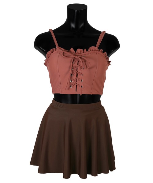 Tika（ティカ）の「水着 スカート 体型カバー ビキニ ハイウエスト レースアップ ビスチェ ショートパンツ タンキニ 3点セット レディース 韓国風 可愛い（水着・レディース・ボルドー/ベージュ・L/XL/M）」の5枚目の写真