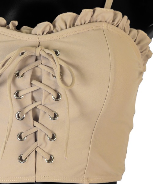 Tika（ティカ）の「水着 スカート 体型カバー ビキニ ハイウエスト レースアップ ビスチェ ショートパンツ タンキニ 3点セット レディース 韓国風 可愛い（水着・レディース・ボルドー/ベージュ・L/XL/M）」の13枚目の写真