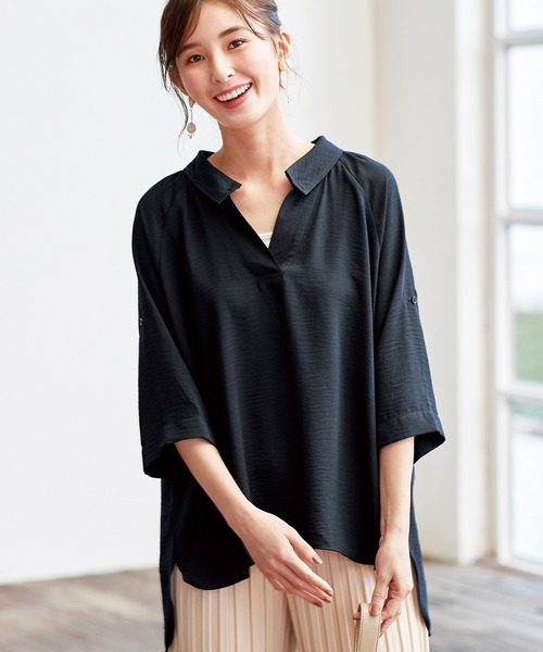 BELLUNA PLUS(ベルーナ)の「スラブ素材ギャザー使いシャツチュニック(チュニック・レディース・ネイビー/ブラウン/ターコイズブルー/グリーン・MEDIUM/LARGE/X-LARGE)」の3枚目の写真