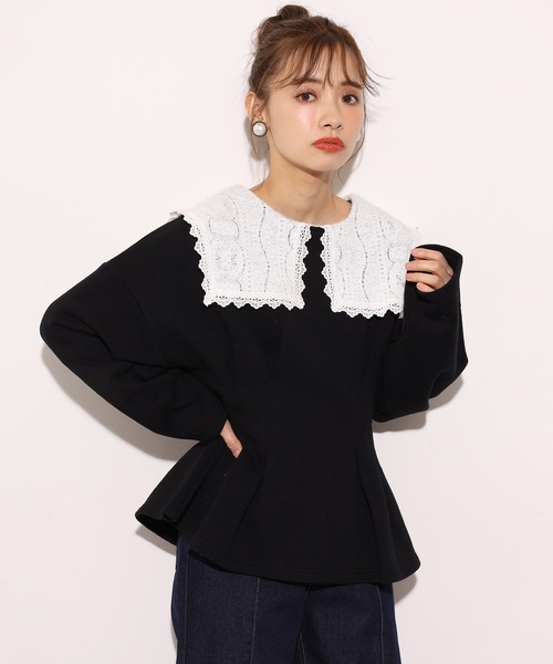 one after another NICE CLAUP(ワンアフターアナザーナイスクラップ)の「レース襟スウエット(Tシャツ/カットソー・レディース・アイボリー/ブラック/ブルー・FREE)」の14枚目の写真