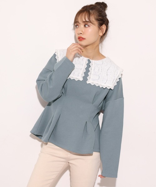 one after another NICE CLAUP(ワンアフターアナザーナイスクラップ)の「レース襟スウエット(Tシャツ/カットソー・レディース・アイボリー/ブラック/ブルー・FREE)」の4枚目の写真