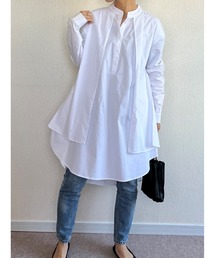 フェイクレイヤード ひざ丈ノーカラーシャツワンピース