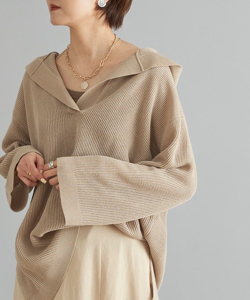 DouDou（ドゥドゥ）の「麻混フーディー（ニット/セーター・レディース・ベージュ/ブラック・FREE）」の2枚目の写真