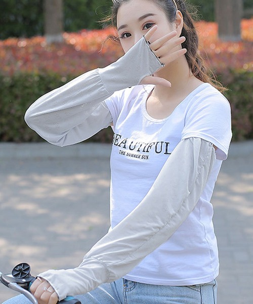 DAY CLOSET（デイ クローゼット）の「【UVカット/フィンガーホール付き】ロング丈 UVアームカバー レディース（アームカバー・レディース・ライトブルー/ライトグレー/ピンク/ミント/ブラック/スモークピンク/ライラック/ホワイト・ONE SIZE）」の12枚目の写真