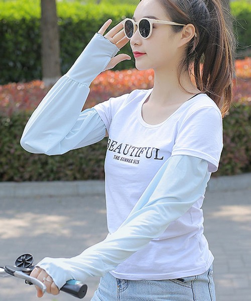 DAY CLOSET（デイ クローゼット）の「【UVカット/フィンガーホール付き】ロング丈 UVアームカバー レディース（アームカバー・レディース・ライトブルー/ライトグレー/ピンク/ミント/ブラック/スモークピンク/ライラック/ホワイト・ONE SIZE）」の14枚目の写真