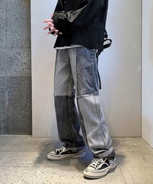 NOWLE | 【NOWLE】ステッチ 切替 ワイドレッグ デニムパンツ(デニムパンツ)