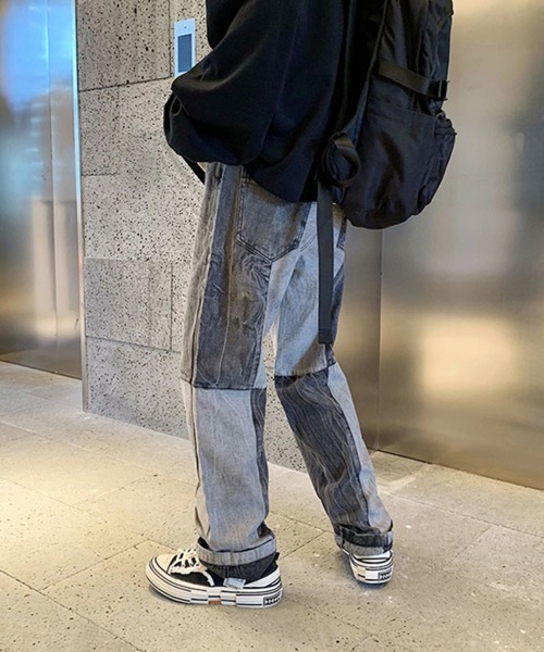 NOWLE(ノウル)の「【NOWLE】ステッチ 切替 ワイドレッグ デニムパンツ(デニムパンツ・メンズ・ブラック/ブルー/ブラック系2/ブルー系2・MEDIUM/LARGE/X-LARGE)」の7枚目の写真