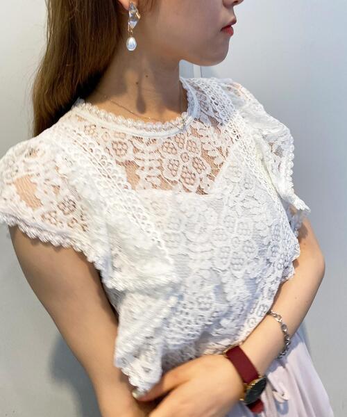 ネイビー レースフリル Tシャツ トーションレース袖フリルTシャツ(90～140cm)(90cm パープル