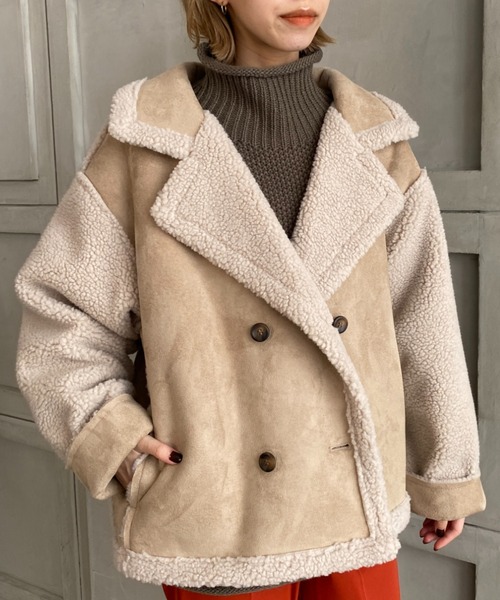 moment+（モーメントプラス）の「スウェード×ボア フェイクムートンライダースジャケット（ムートンコート・レディース・ブラック/ベージュ/ブラウン/アイボリー/ライトベージュ・M/L）」の11枚目の写真