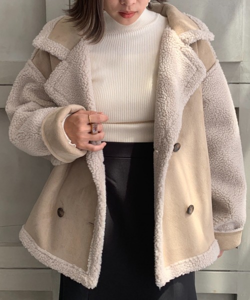 moment+（モーメントプラス）の「スウェード×ボア フェイクムートンライダースジャケット（ムートンコート・レディース・ブラック/ベージュ/ブラウン/アイボリー/ライトベージュ・M/L）」の18枚目の写真