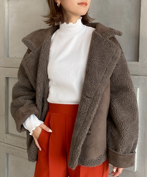 moment+（モーメントプラス）の「スウェード×ボア フェイクムートンライダースジャケット（ムートンコート・レディース・ブラック/ベージュ/ブラウン/アイボリー/ライトベージュ・M/L）」の7枚目の写真