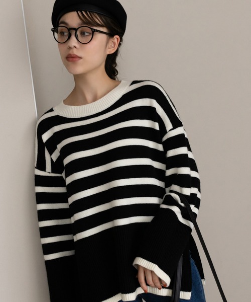 Edit Sheen(エディットシーン)の「サイドスリットボーダーニット(ニット/セーター・レディース・ブラック/アイボリー・MEDIUM)」の11枚目の写真